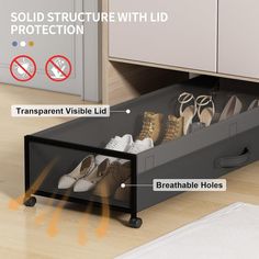 an open drawer with shoes in it on the floor