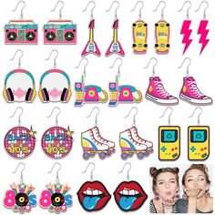 PRICES MAY VARY. 【80s Earring Set】Attention：The unprinted side of the earring is covered with a protective film that can be removed before wearing. You will receive 12 pairs of 80s vintage neon earrings, containing 12 different styles, which are cute accessories for 80s parties, in sufficient quantity and style to meet your daily needs to wear, change and share. Retro fashion design will make you stand out. 【Unique design】These exquisite vintage neon earrings will be your beauty whether you wear Retro Dangle Jewelry, Retro Pink Jewelry For Summer, Retro Dangle Earrings, 1980s Accessories, Neon Earrings, Accessories Drawing, 80s Accessories, 80s Gift, 80s Jewelry