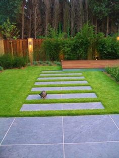 a garden with grass and stepping stones in the middle