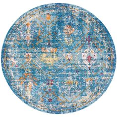 a round rug with blue and orange colors