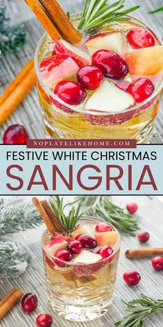 festive white christmas sangria with cinnamon sticks and cranberries