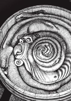 a black and white drawing of a bowl with an animal in it's center