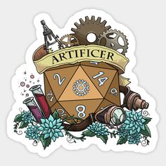 a sticker with the word artificer on it and various items surrounding it