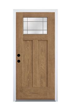 a wooden door with glass panels on the top and bottom panel, against a white background