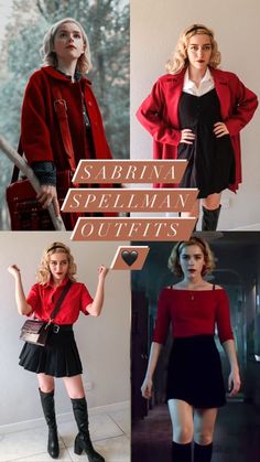 four different photos of women in red and black outfits