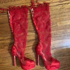 Red Lace Boot. 4” Heel, 1 1/2” Platform, From Heel To Top Of Lace On Boot Is 23”. Nwot, I Do Not Have The Original Box. As You Can See In The Pictures I Have Never Worn These. Size 6.5. Red Lace Heels, Elegant Red Lace-up Boots, Fitted Red Heels For Wedding, Party Boots With Red Sole And Lace-up Design, Party Lace-up Boots With Red Sole, Red Round Toe Heels For Cocktail, Elegant Red Boots With 4-inch Heel, Red Cocktail Heels With Round Toe, Red High Heel Boots For Evening