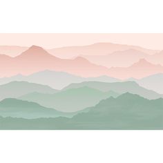 an abstract landscape with mountains in pastel tones and pinks on the horizon, as well as green hills