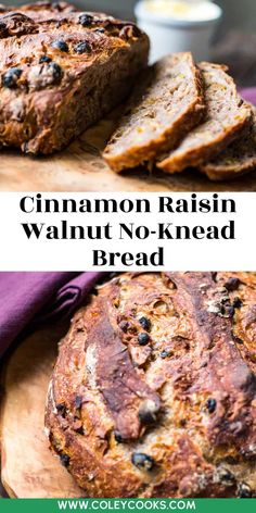 cinnamon raisin walnut no - knead bread on a cutting board with the title