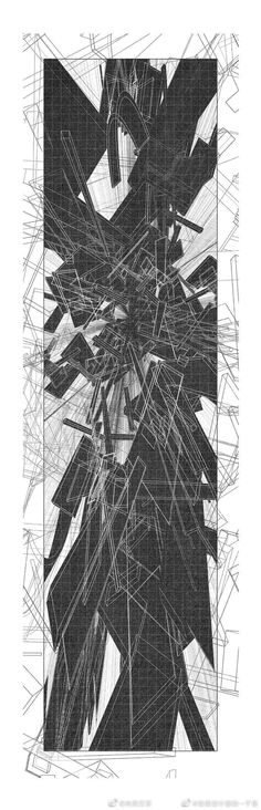 an abstract drawing with lines and shapes in black and white, on a white background