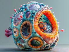 an art piece made out of different types of materials and colors, including corals