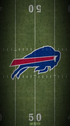 the buffalo logo is shown on an american football field with fifty yard line in the background