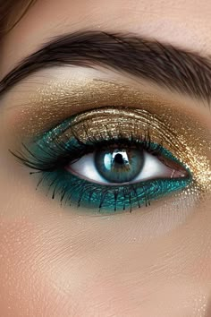 22+ Glamorous Gold Eyeshadow Ideas Teal And Gold Outfit Ideas, Gold And Teal Eye Makeup, Makeup For Teal Eyes, Teal Wedding Makeup, Teal And Gold Eyeshadow Looks, Teal Smokey Eye, Teal Blue Eye Makeup, Teal And Gold Makeup Looks, Teal And Gold Outfit