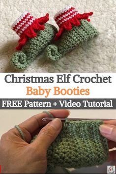 crocheted christmas elf booties with text overlay that reads, christmas elf baby booties free pattern + video tutor