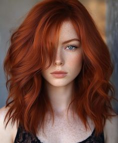 A shag cut featuring the rich copper red shade, providing a playful and dynamic look. The layers enhance natural volume, making it ideal for a modern and stylish appearance. Ginger Hair Dark, Copper Shag, Warm Red Hair, Copper Hair Color Ideas, Vibrant Red Hair, Cowboy Copper, Hair Color For Fair Skin, Red Hair Blue Eyes, Shag Cut