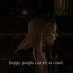 a woman with long blonde hair standing in front of a book shelf and text that reads happy people can be so cruel