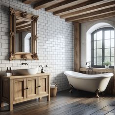 Picture a sleek pedestal sink right beside an antique wooden mirror frame that conveys the spirit of the past. A large clawfoot tub sits next to a window that lets in natural light. Exposed wooden beams can be seen on the ceiling, complementing the rustic oak vanity. The white subway tiles contrast perfectly with the darker wood detailings and provide both a vintage and modern appeal. Elegant Bathroom Decor, Elegant Bathroom, Bathroom Inspiration, Oasis, Bathroom Decor, Woodworking