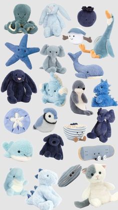 several different stuffed animals are shown together