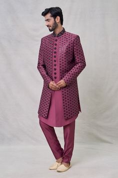 Maroonish pink full sleeves layered sherwani crafted in art silk with blossom vine thread embroidery using sequin and beads highlights. Paired with an Aligadhi pant. - Aza Fashions Traditional Pink Bandhgala For Designer Wear, Pink Traditional Bandhgala For Designer Wear, Fitted Pink Sherwani With Pallu, Pink Bandhgala With Dabka Work For Eid, Fitted Pink Sherwani With Dabka Details, Pink Traditional Drape Bandhgala For Diwali, Fitted Pink Sherwani With Cutdana, Traditional Pink Bandhgala For Diwali, Pink Traditional Bandhgala For Diwali