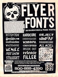 an old poster with the words flyer fonts on it, including skull and crossbones