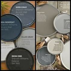 several different shades of gray paint in various sizes and colors, with the names on them