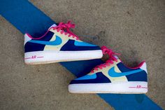 Color Blocked AF1's sporting different hues of blues with petal pink Tie Sneakers, Blue Strawberry, Nike Pink, Womens Tie, Tie Shoes, Blue And Pink, Shoes Trainers, Nike Air Force Sneaker, Womens Shoes Sneakers