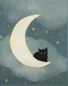 a black cat sitting on top of a crescent moon with stars in the night sky