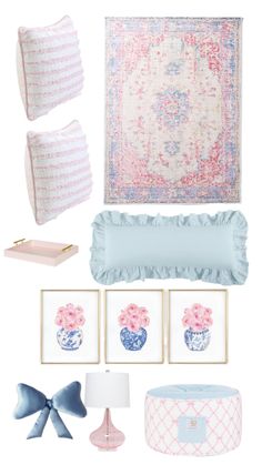 a collage of pink, blue and white items including pillows, rugs, lamps, frames