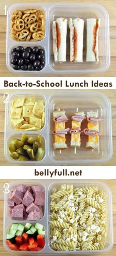 four plastic containers filled with different types of food and the words back - to - school lunch ideas