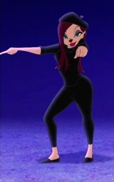 a cartoon character is pointing at something in the air with her right arm out and one hand extended