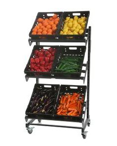 four tiered rack with fruits and vegetables on it