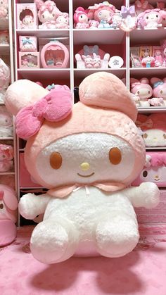 a hello kitty stuffed animal sitting on top of a pink carpet in front of shelves