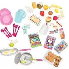 an assortment of toys including eggs, cookies and other items