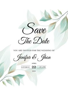 save the date card with leaves and branches on it, in shades of blue and green