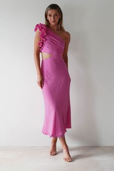 Highlights Stunning one shoulder ruffle maxi Midriff cut outs Textured Fabric Available in Pink, Yellow & Floral Print Sizing The model is 5'10 and wears UK size 8 / S / US size 4 Fit & Fabric Made from 90% Polyester 10% Spandex Side Zip Length from top of shoulder to hem: 137cm Stretch: 7/10 Perfect for Wedding guest Graduations Christenings and special occasions Wedding Guest Formal, Ibiza Wedding, Guest Attire, Pink Sale, Event Outfit, Textured Fabric, Fancy Dresses, Honey Bee, Yellow Floral