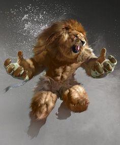 an image of a lion that is in the air with his hands up and mouth wide open