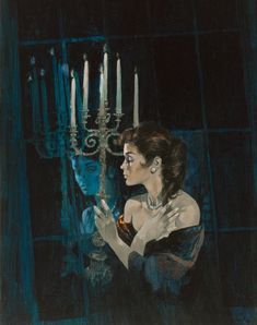 a painting of a woman holding a candelabra