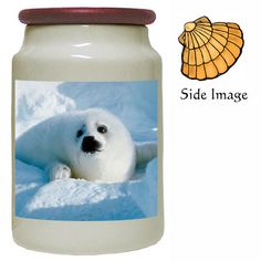 a white jar with an image of a polar bear on it and a seashell in the background