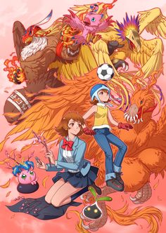 two people sitting on top of each other in front of a dragon and soccer ball