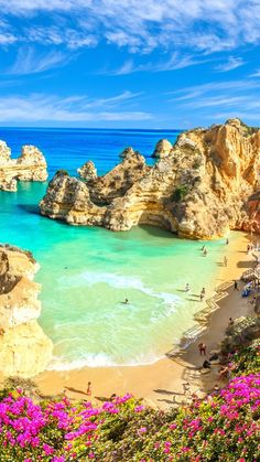 the beach is crowded with people and colorful flowers in the foreground, along with large rock formations on either side