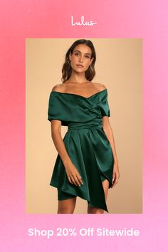 The party seems to follow the Lulus Always Celebrating Dark Green Satin Off-the-Shoulder Mini Dress! Sleek woven satin sweeps across an off-the-shoulder neckline (with hidden no-slip strips), a surplice bodice, and short sleeves. Gathered high waist sits above a mini skirt with an asymmetrical overlapping panel. Hidden back zipper/clasp. Fit: This garment fits true to size. Length: Mid-thigh. Size medium measures 29.5" from top to bottom. Bust: Works best for A to C cup sizes. Waist: Fitted - very fitted at natural waist. Hip: Fitted - consider sizing up for fuller hips. Undergarments: May be worn with a strapless bra, adhesive bra, petals, or no bra. Fabric: Fabric has no stretch. Fully lined. Dress Measures 3. 5" Longer At Back. Shell: 100% Polyester. Lining: 100% Polyester. Hand Wash Co Strapless Satin Dress For Evening Party Season, Satin Mini Dress For Date Night Evening, Chic Strapless Satin Dress, Off-shoulder Evening Dress With Satin Finish For Party, One-shoulder Satin Strapless Dress For Prom, One Shoulder Satin Finish Party Dress, One-shoulder Satin Finish Party Dress, Satin Strapless Off-shoulder Dress For Night Out, Evening Strapless Satin Dress For Party Season