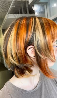 Red Black And Brown Hair, Calico Streaks Hair, Fun Hair Color Combos, Calico Hair Pixie Cut, Short Wavy Dyed Hair, Red Highlights On Short Hair, Colorful Hair Inspiration, Shag Dyed Hair, Layered Hair Dye