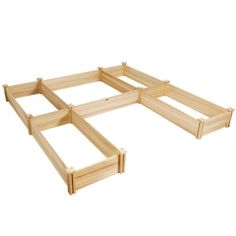 four wooden raised planter boxes on white background