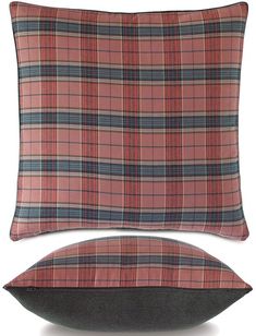 two pillows and one pillow with a plaid pattern on the back, both in different colors