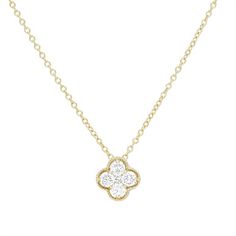 Delicate and perfect for every day wear, this pendant features round brilliant cut diamonds totaling 0.26 carats forming a clover, accented with a milgrain border. Classic Diamond White Flower Pendant Necklace, Classic Diamond Cut Flower Pendant Necklace, Classic Diamond White Diamond Necklace With Flower Pendant, Classic Diamond White Necklace With Flower Pendant, Classic Diamond Necklace With Flower Pendant For Anniversary, Classic Flower Pendant Diamond Necklace For Anniversary, Diamonds Direct, Delicate Pendant, Clover Pendant