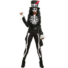 a woman dressed in skeleton costume and top hat with hands out to the side,