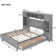 the bed frame is made up and has drawers on both sides, with measurements for each side