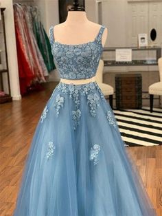 Silhouette:?A Line Waist: Natural Sleeve Length: Sleeveless Fabric:?Lace, Tulle Shown Color:?Blue Built-In Bra: Yes Blue Lace Prom Dress, Two Piece Prom, Lace Prom Dresses, Prom Dresses Long Lace, Custom Prom Dress, Blue Dress Formal, Lace Prom Dress, Blue Evening Dresses, Piece Prom Dress