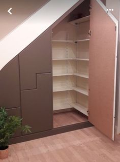 an open closet in the corner of a room next to a potted plant and stairs