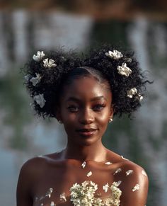 Flower Hair Black Women, Cottagecore Black Women Makeup, Fairy Hairstyles Natural Hair, Black Women Vintage Hairstyles, Victorian Hairstyles Black Women, Flowers In Locs, Fairy Hairstyles Black Women, Black Princess Hairstyles, Wedding Braids Black Women