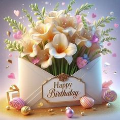 a bouquet of flowers in an envelope with the words happy birthday written on it, surrounded by confetti and candies